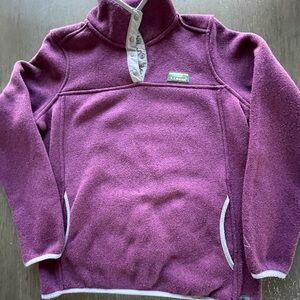 LL Bean Sweater Fleece 1/4 Snap Button Pullover Womens Med Plum Purple Pockets